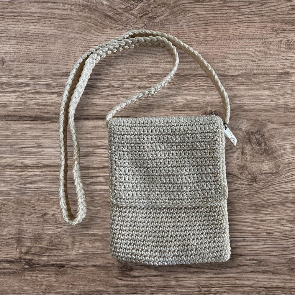 The Sak Mini Flap Beige Crochet Crossbody Bag